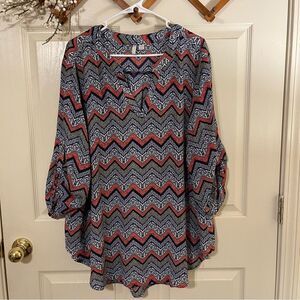 Vibrant Blue and Red Boxy Blouse with Bell Sleeves